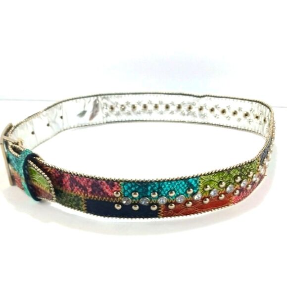 Guess Vibrant Mock Snakeskin Reptile Studded Beaded Belt Silver Buckle Size XS.. - Picture 8 of 14